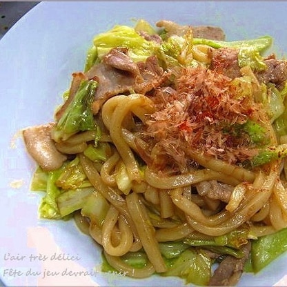 めんつゆ＆オイスターの豚バラ肉で焼きうどん